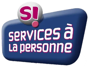 Logo « Services à la personne » en blanc et magenta sur fond bleu arrondi