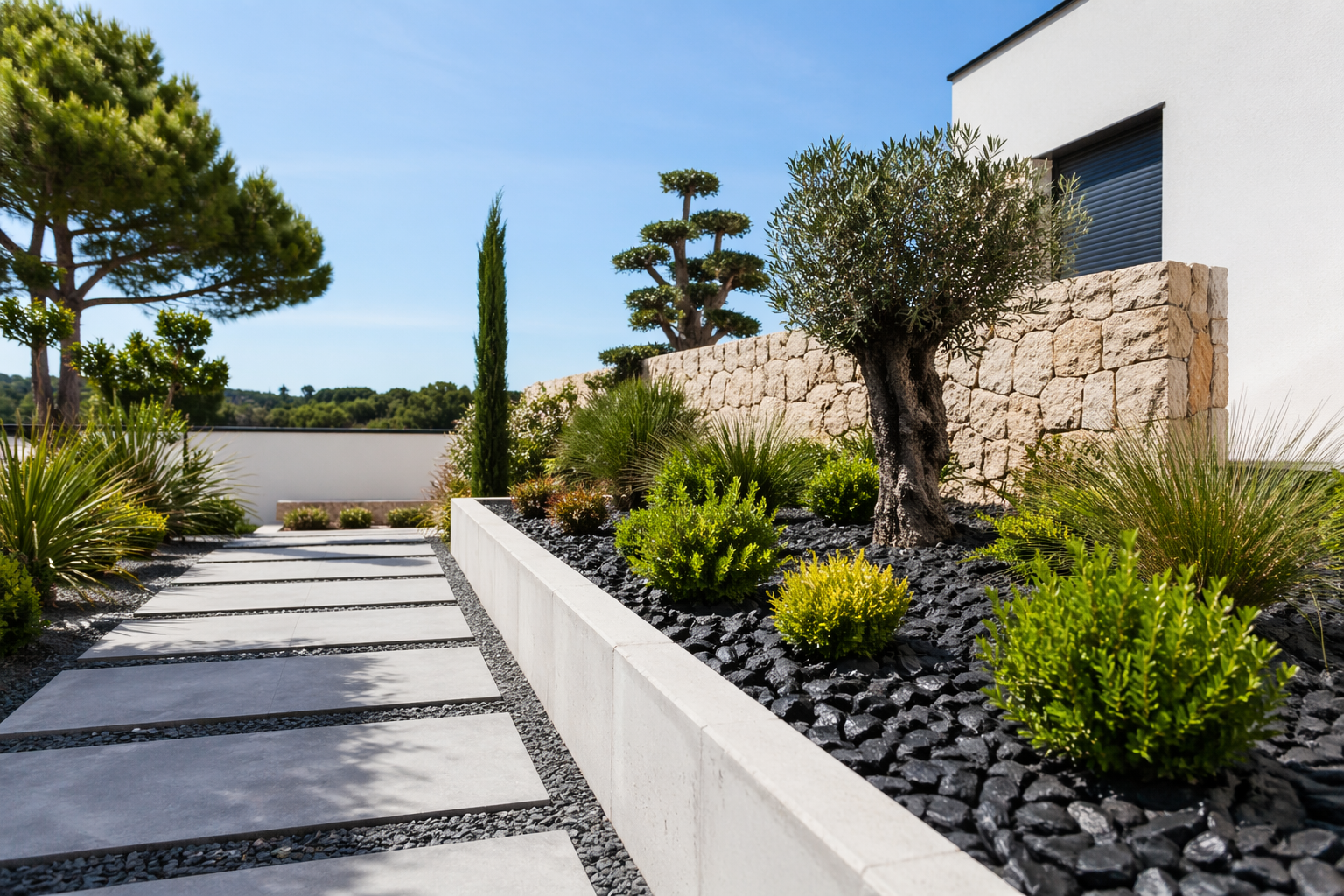 Allée paysagée moderne avec dalles de pierre, jardinière blanche, arbustes et muret en pierre à côté d'une maison