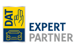 DAT Expert Partner-Logo mit blauen und gelben Automobil-Symbolen und Text