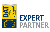DAT Expert Partner-Logo mit blauen und gelben Automobil-Symbolen und Text