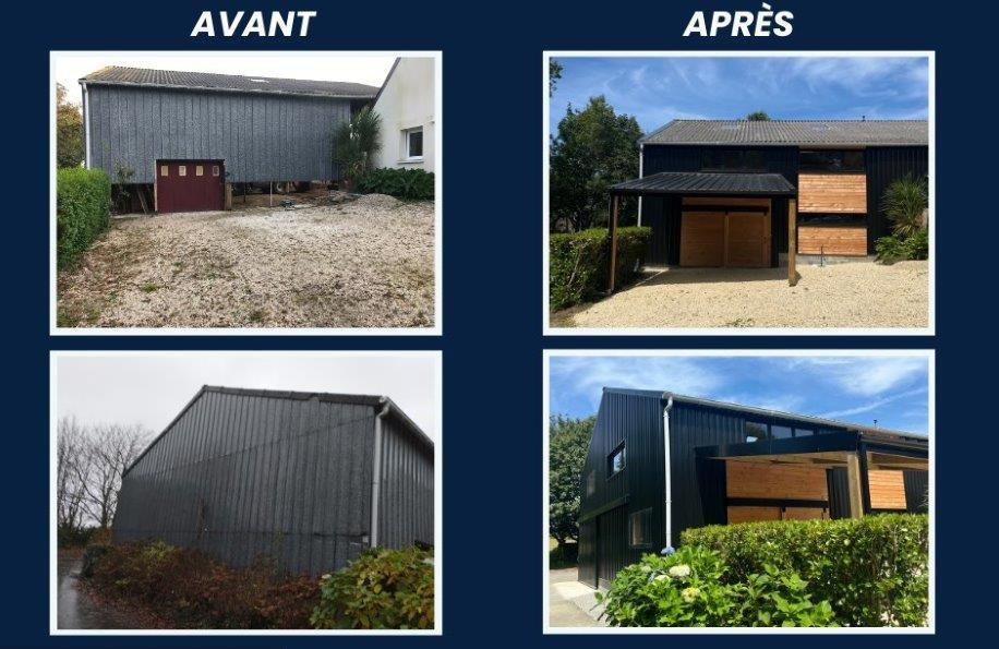 Avant/après d’un hangar gris rénové, avec nouvelle façade en bois et aménagement extérieur.