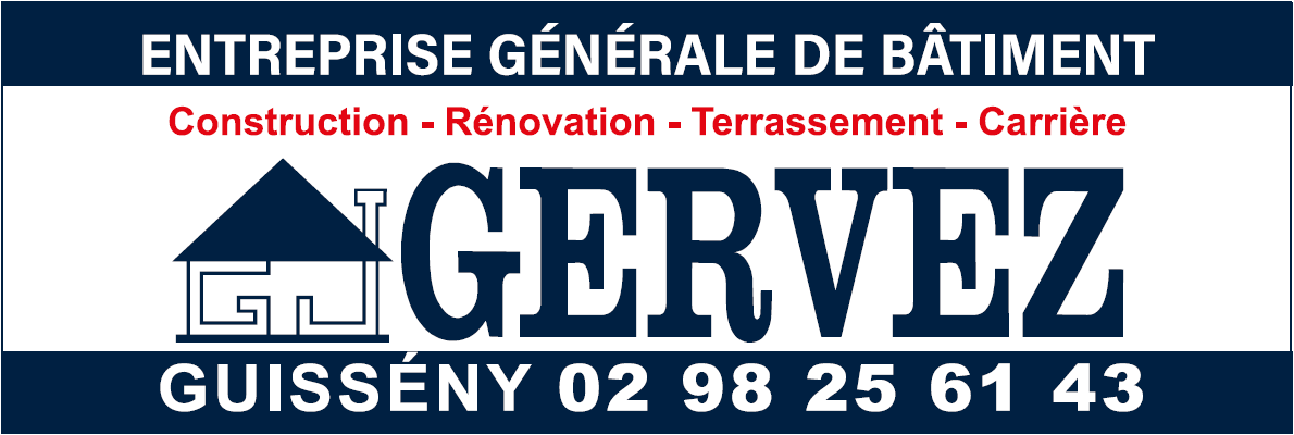 Logo de l'entreprise G&eacute;n&eacute;rale de B&acirc;timent Gervez avec une maison, une banni&egrave;re, num&eacute;ro de t&eacute;l&eacute;phone inclus