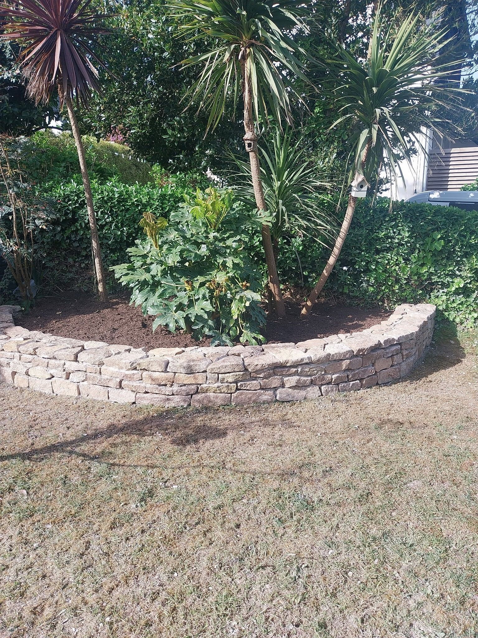 Bordure de jardin en pierre incurvée avec arbustes et petits arbres à côté d'une pelouse.