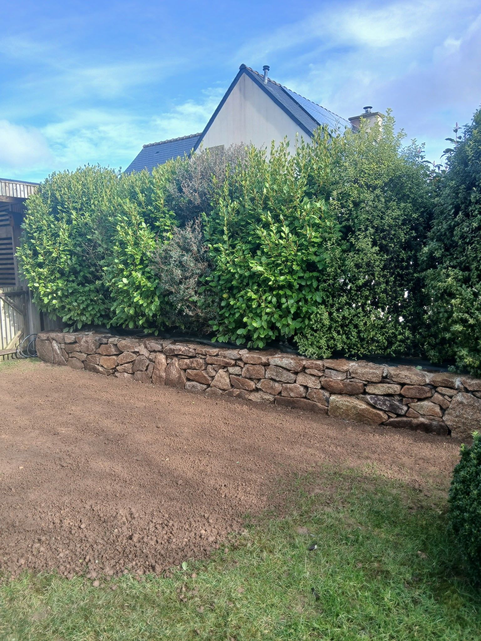 Allée de gravier longeant un mur de pierre et une haie verte dense, avec le toit d'une maison sous un ciel bleu.