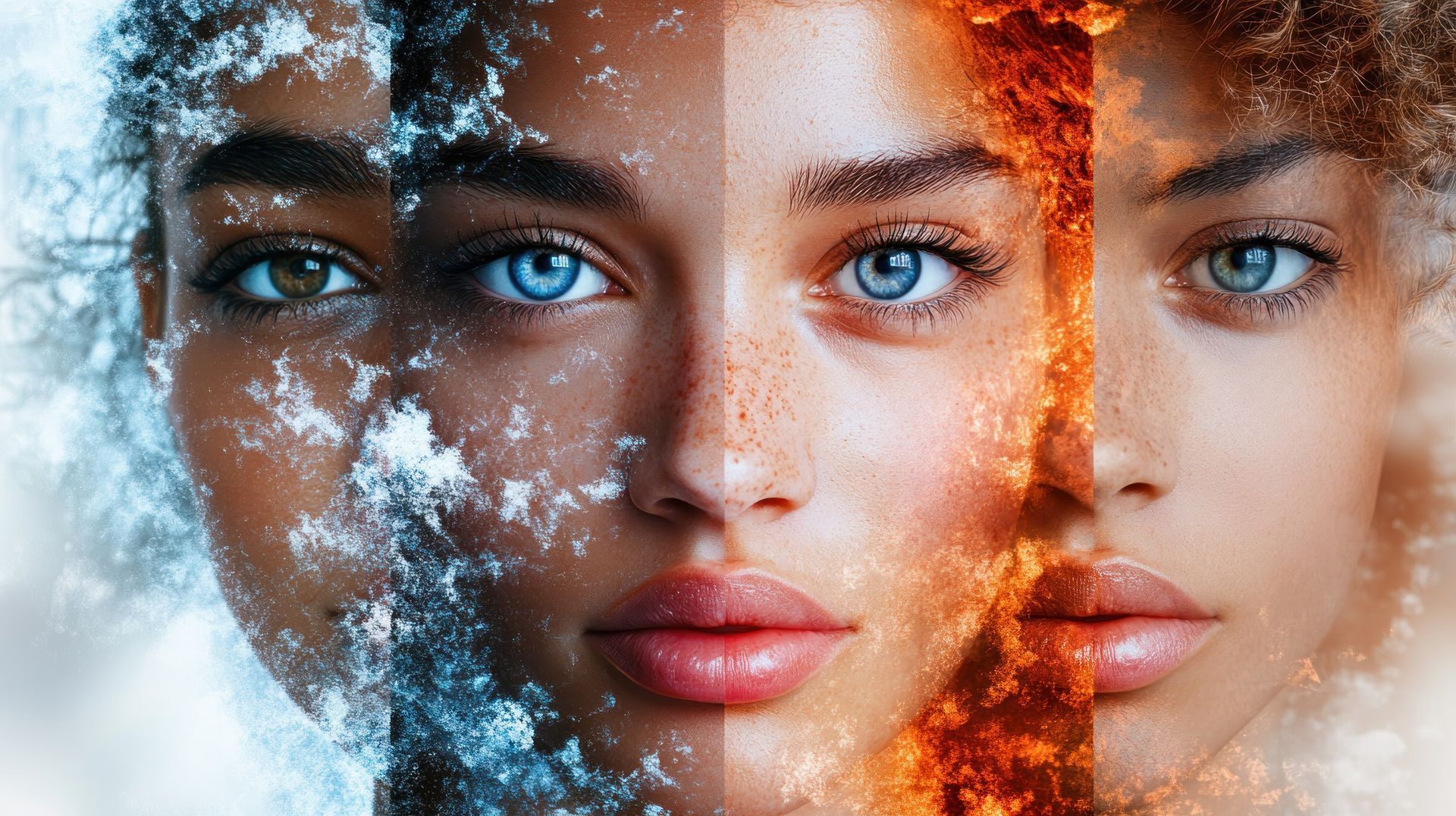 Rostro de mujer dividido: un lado en azul helado, el otro en naranja ardiente, con ojos multicolores.