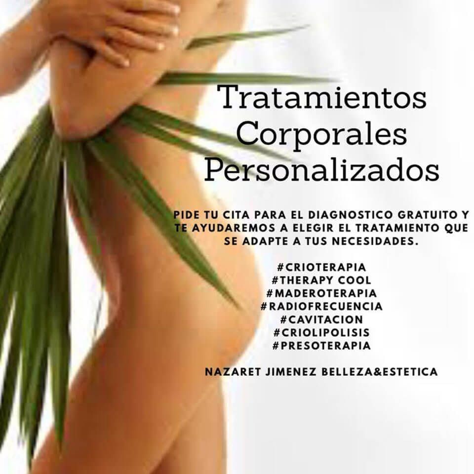 Anuncio de tratamientos corporales. Mujer con hojas. El texto enumera los tipos de tratamiento.