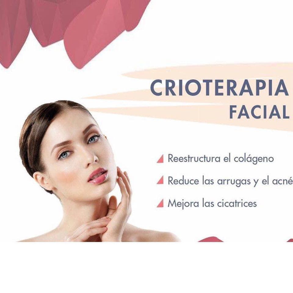 Mujer con piel tersa, promocionando crioterapia facial. Texto: Reestructura el colágeno, reduce arrugas y acné, mejora las cicatrices.
