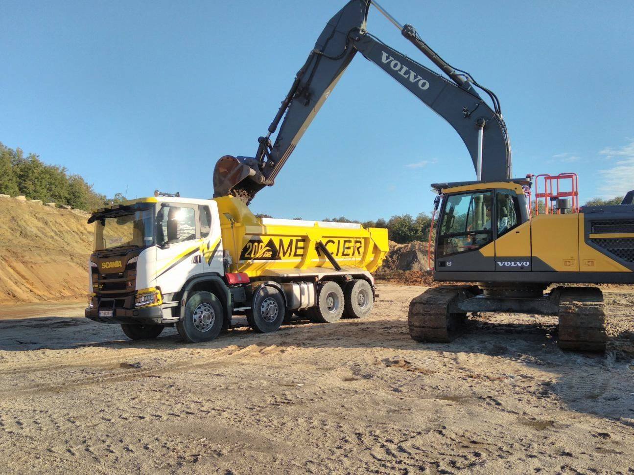 Tractopelle jaune qui remplit un camion-benne