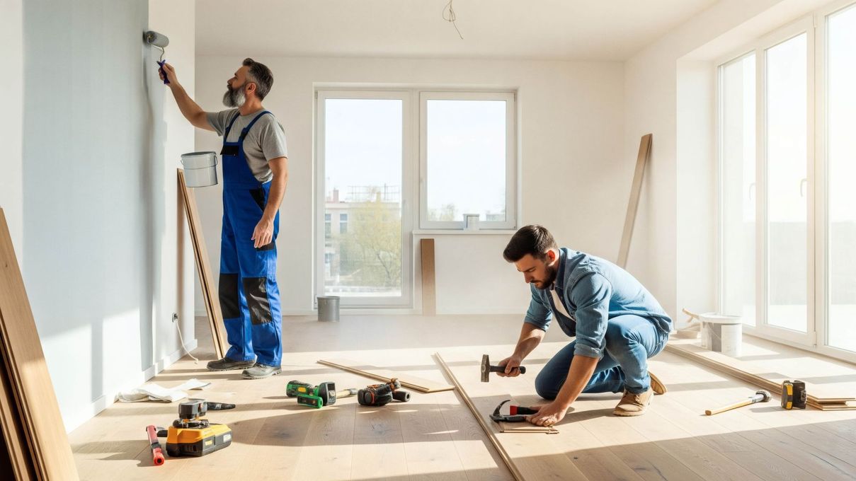 Deux hommes rénovent une pièce lumineuse : l'un peint un mur en bleu, l'autre martèle le parquet.