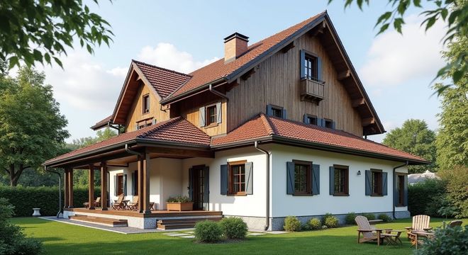 Maison à deux étages avec une façade supérieure en bois et un toit en tuiles rouges, située dans une cour verte avec des arbres et des chaises.