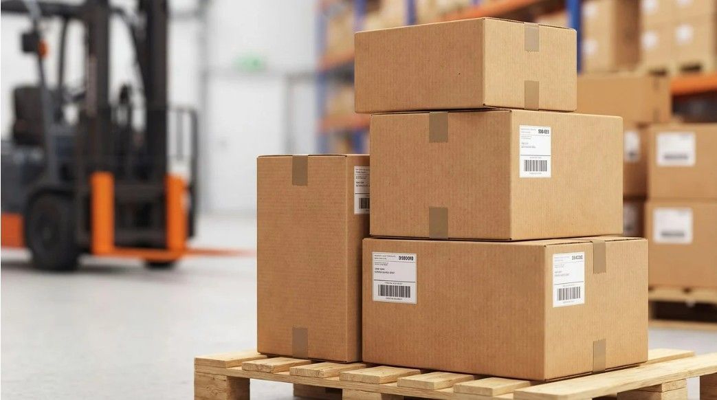 Des cartons empilés sur une palette en bois dans un entrepôt, avec un chariot élévateur flou en arrière-plan.