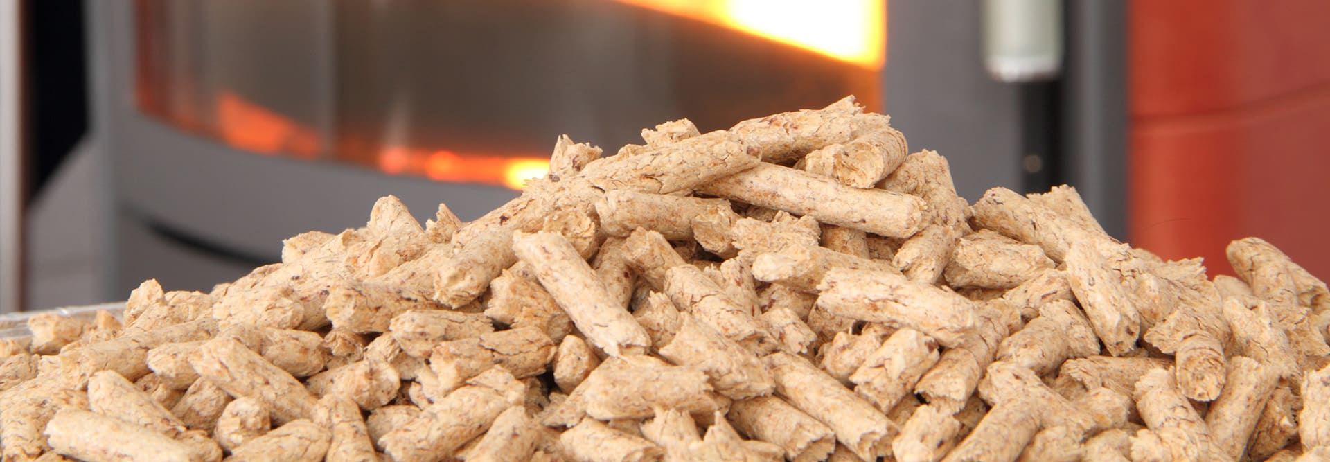 Un tas de granulés de bois devant un poêle à bois.
