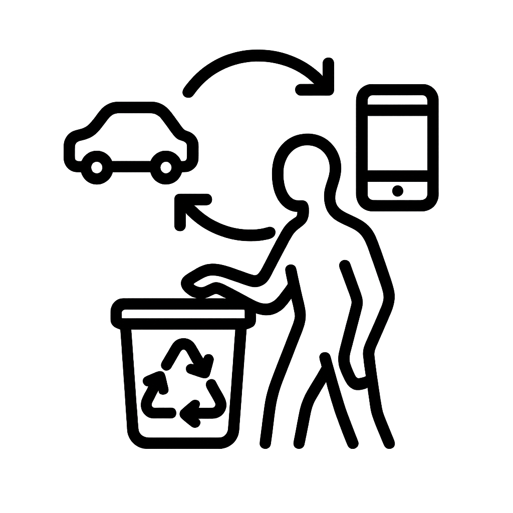 Une personne recycle sa voiture et son téléphone, des flèches indiquant le processus.