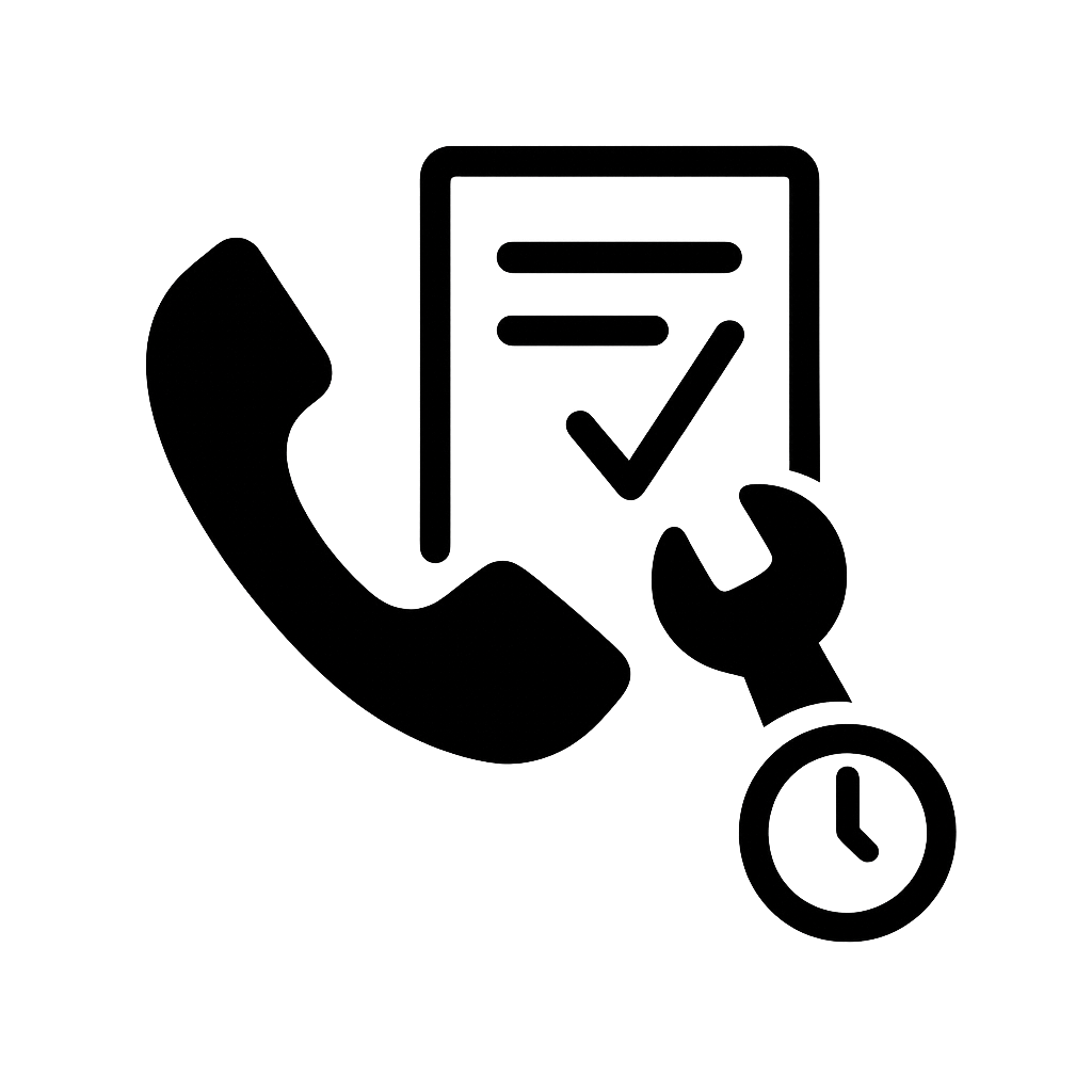 Téléphone, document avec coche, clé et icône d'horloge. Assistance ou service technique.