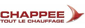 Logo pour Chappee, une entreprise de chauffage, avec un texte rouge et une flèche abstraite.