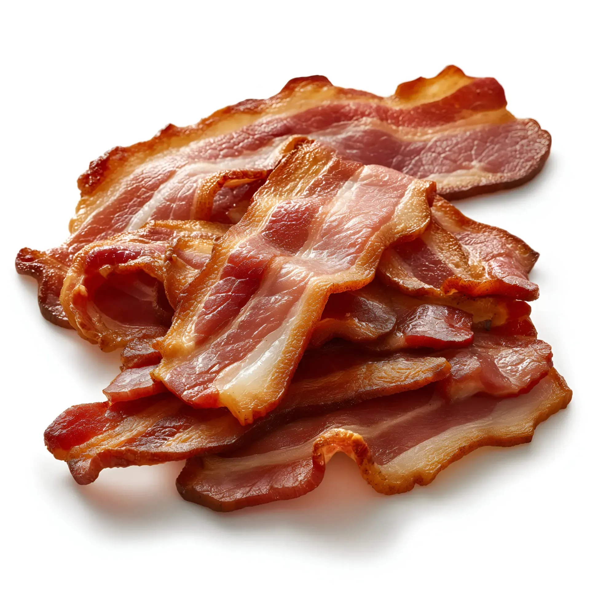 Rebanadas de tocino cocido y crujiente, con vetas de grasa, apiladas juntas.