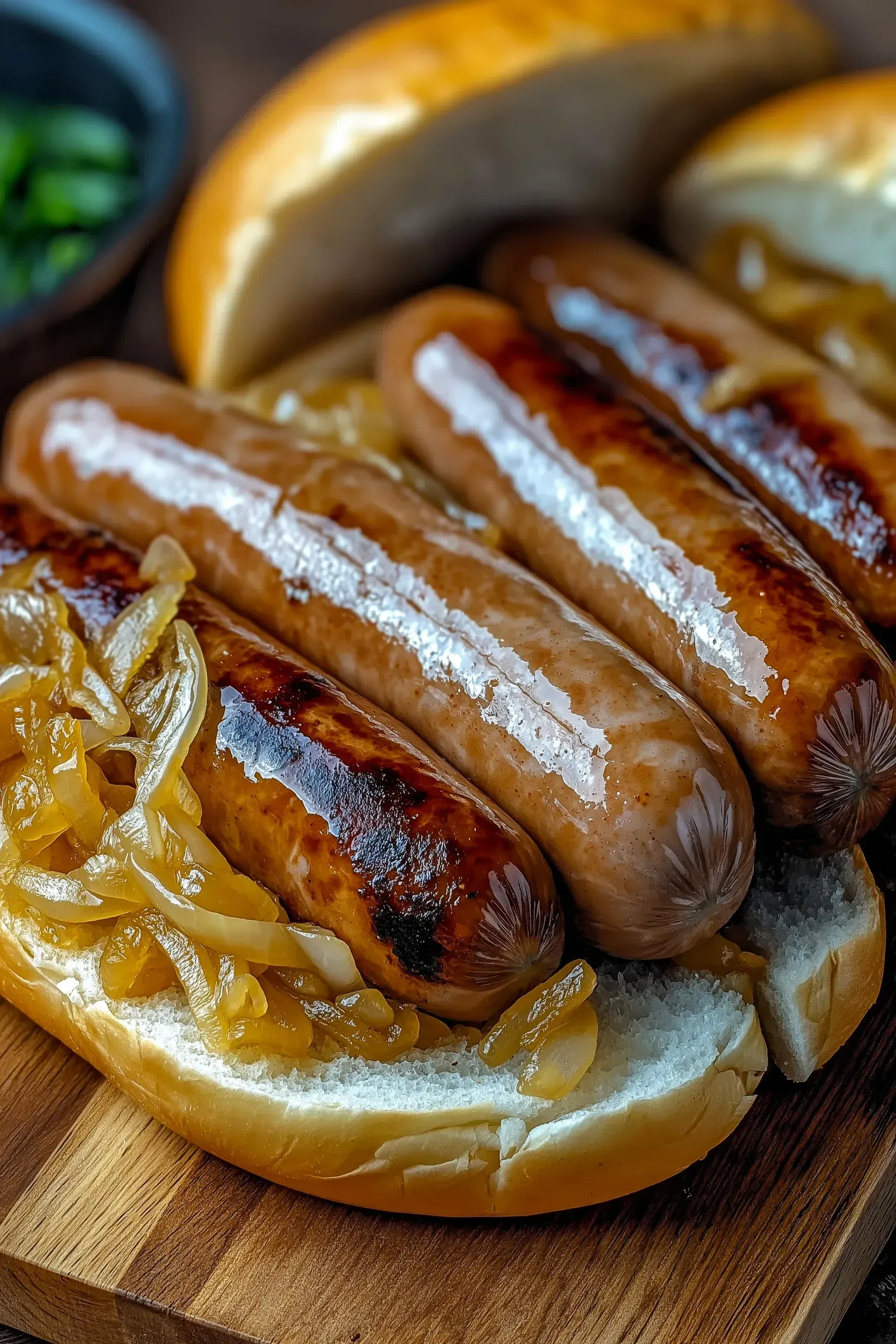 Salchichas a la parrilla en pan con cebolla caramelizada, primer plano. Tabla de madera para servir.