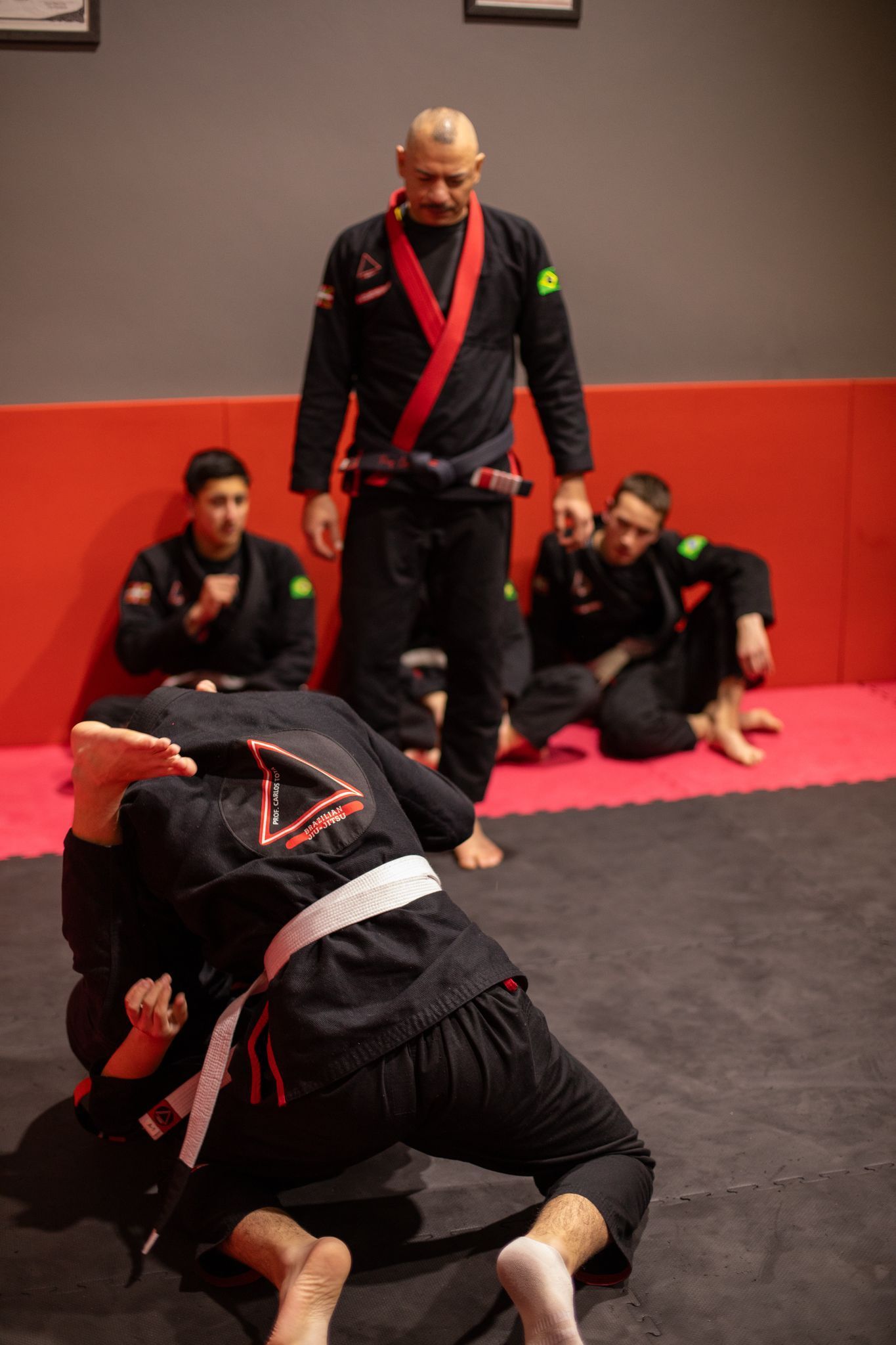 Un grupo de hombres está practicando artes marciales en un gimnasio.