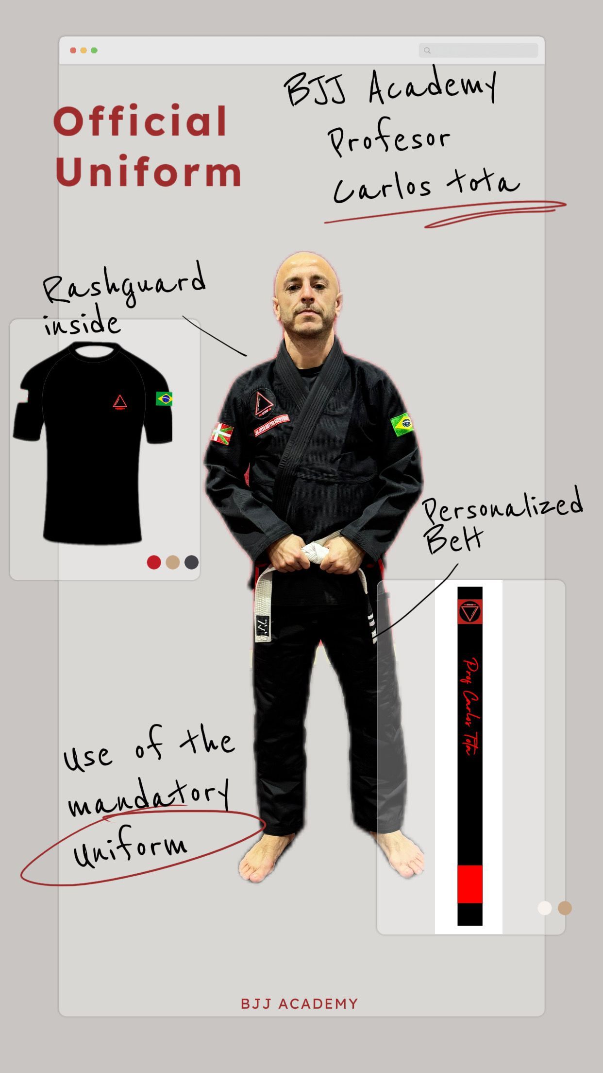 Un hombre con un uniforme negro está de pie junto a una camisa negra y un cinturón rojo.