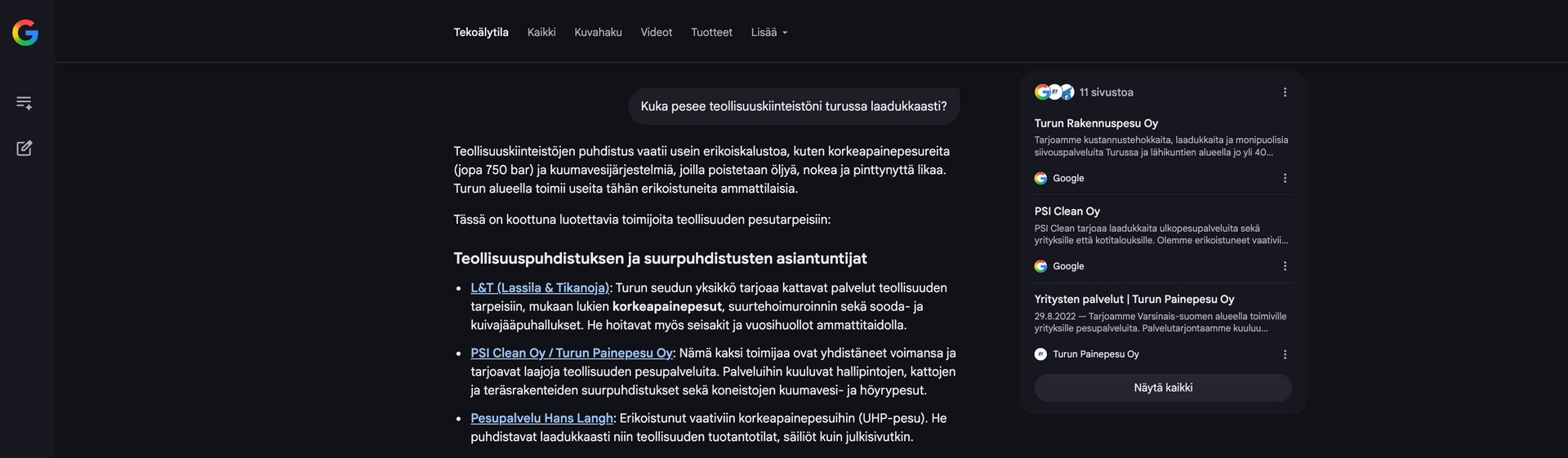 Tumma-teemainen Googlen hakutulossivu, jossa on tekstiartikkeli keskellä ja tulospaneeli oikealla.