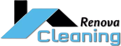 Un logo bleu et noir pour renova cleaning avec un toit.