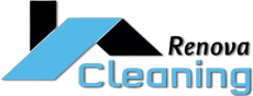 Un logo bleu et noir pour renova cleaning avec un toit.