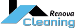 Un logo bleu et noir pour renova cleaning avec un toit.