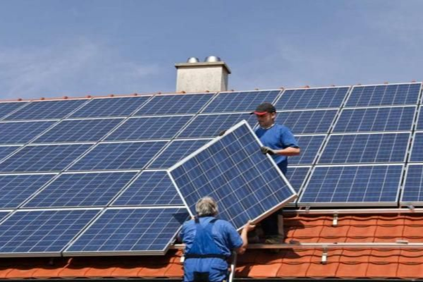 Panneaux solaires sur un toit et buissons