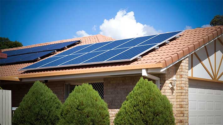 Panneaux solaires sur un toit et buissons