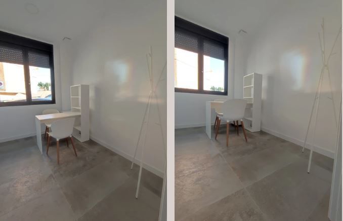 Dos fotografías de una habitación con un escritorio y sillas frente a una ventana.