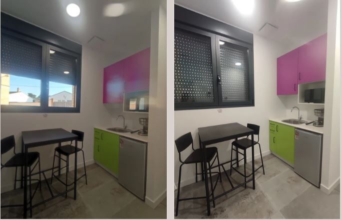 Dos fotos de una cocina con mesa y sillas.