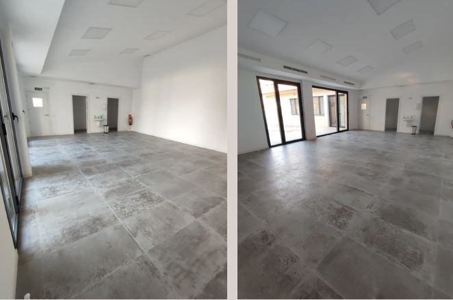 Dos fotografías de una habitación vacía con suelo de baldosas.