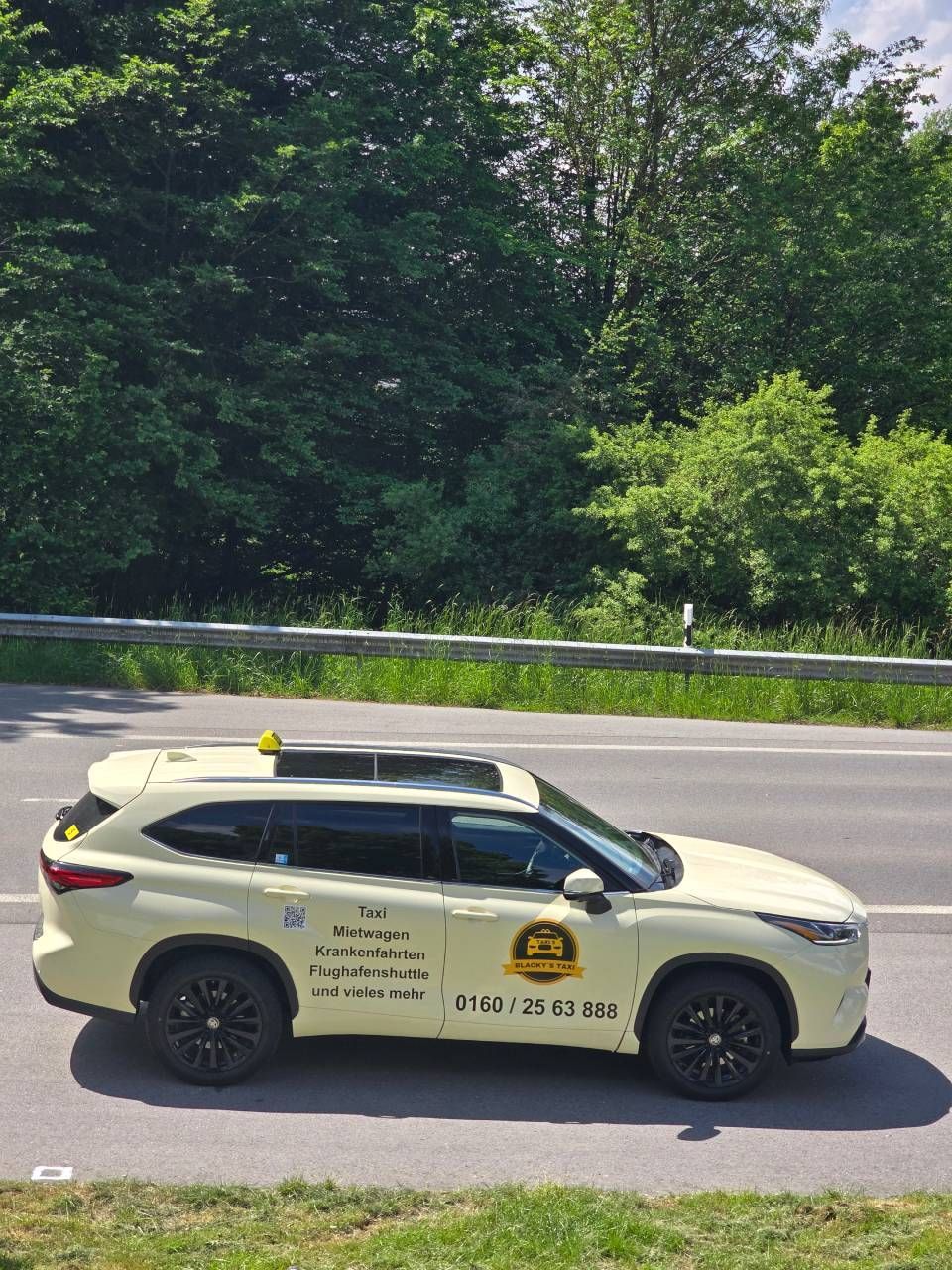 Ein gelbes Taxi auf einer Straße mit grünen Bäumen im Hintergrund. Das Auto hat schwarze Felgen und eine Dachleuchte.