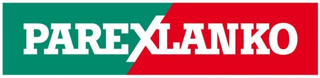 Logo PAREX LANKO. Rectangle vert et rouge avec texte blanc.