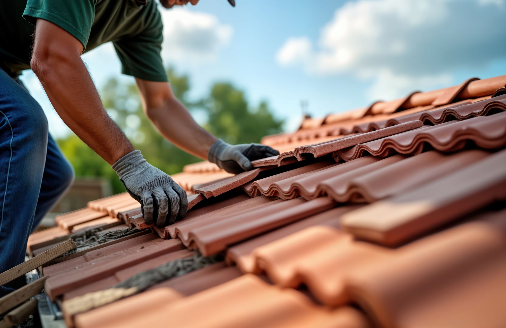 Un homme sur une toiture qui touche des tuiles