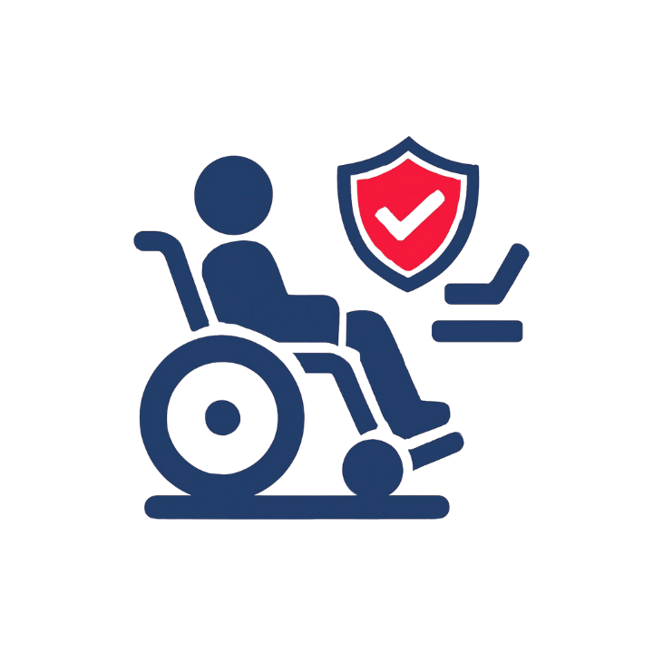 Persona en silla de ruedas con un escudo con una marca de verificación, que representa el seguro de discapacidad.