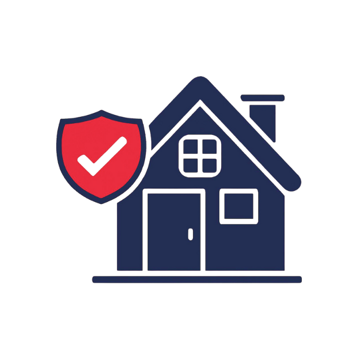 Casa azul con un escudo rojo y una marca de verificación, que simboliza el seguro de hogar.