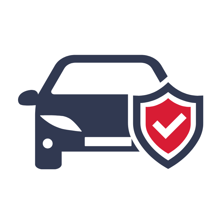 Icono de coche con un escudo con una marca de verificación, que indica seguro de automóvil.