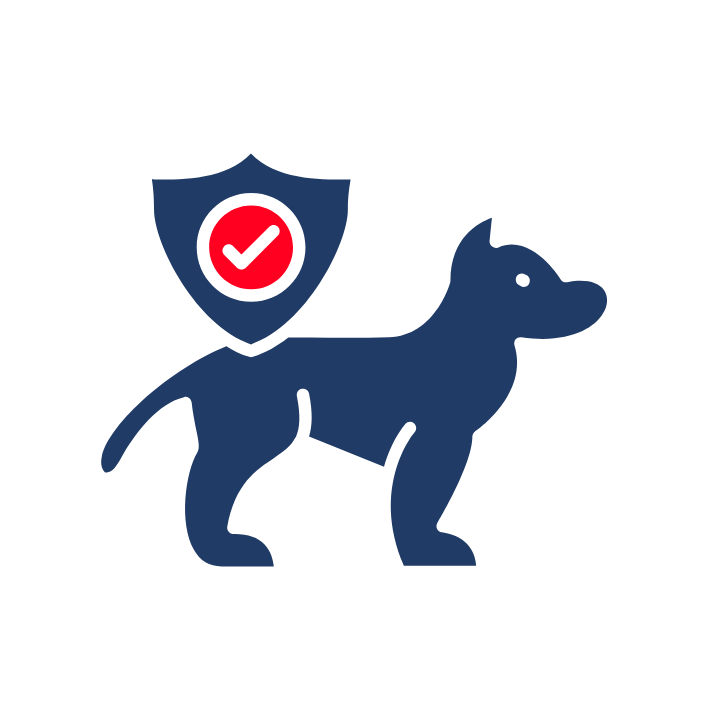 Silueta de un perro azul con un escudo y una marca de verificación roja.