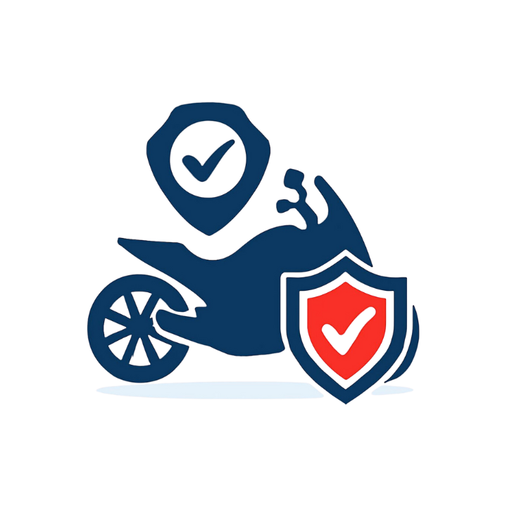 Icono de motocicleta con escudos azules y rojos, marcas de verificación, que sugieren seguro o protección.