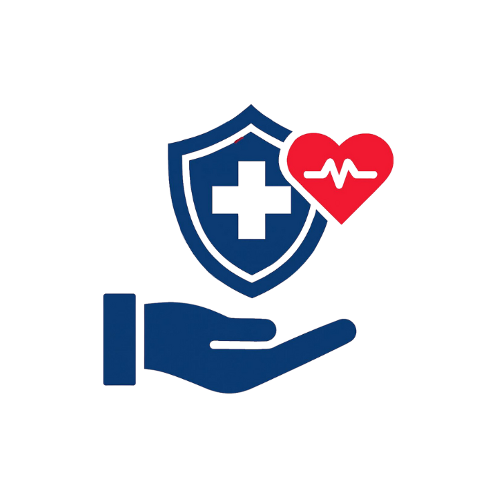 Mano azul sosteniendo un escudo con una cruz médica y un corazón rojo con una línea que representa un latido cardíaco.