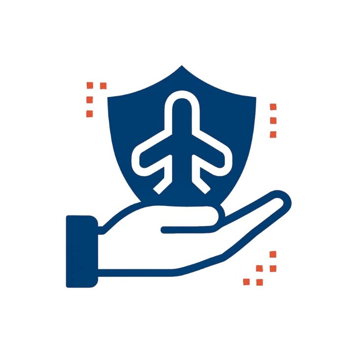 Mano sosteniendo un escudo con un avión en su interior, que representa un seguro de viaje. Azul y naranja.