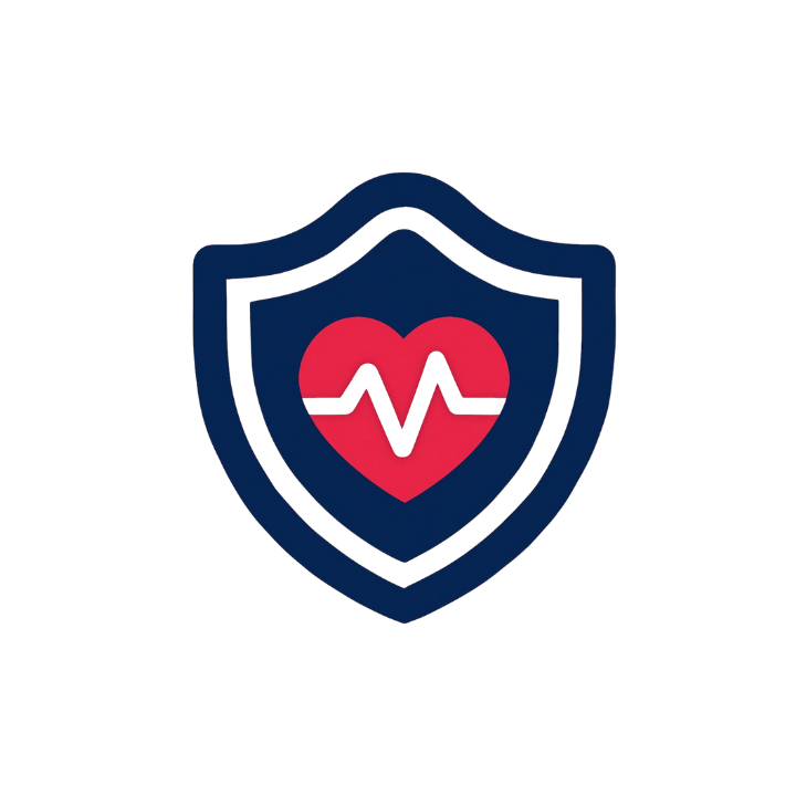 Corazón rojo con latido cardíaco dentro de un escudo azul, contorno blanco.