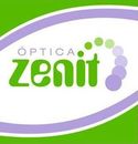 Logotipo para Óptica Zenit, texto verde sobre fondo verde y morado, ilustración de lente estilizada.