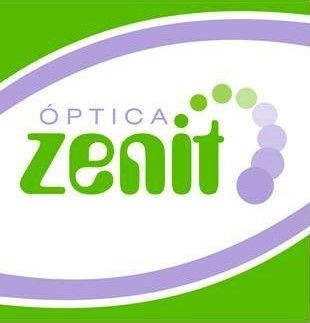 Logotipo para Óptica Zenit, texto verde sobre fondo verde y morado, ilustración de lente estilizada.