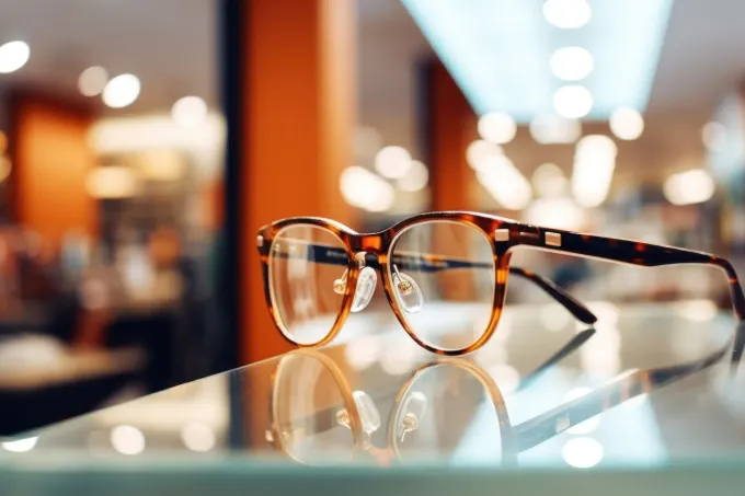 Unas gafas con montura de carey se encuentran sobre una superficie de vidrio reflectante en una tienda.