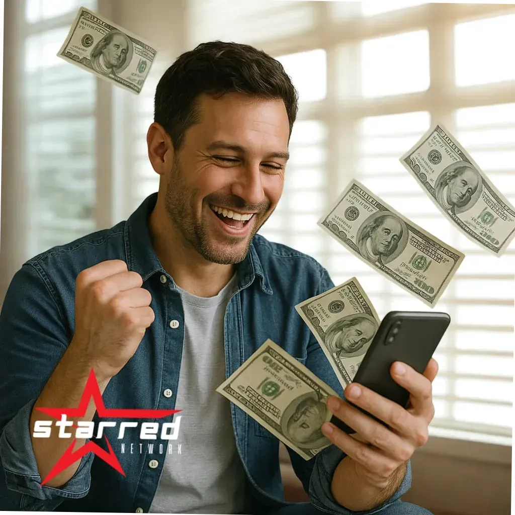 Un hombre sostiene un teléfono celular y el dinero cae a su alrededor.
