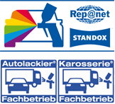 Rep@net and Standox logos with colorful car repair badge and “Autolackier Karosserie Fachbetrieb” signs