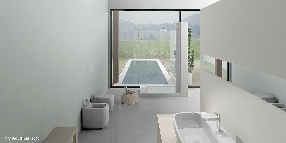 Ein Badezimmer mit Waschbecken, Toiletten und einem großen Fenster mit einem Pool im Hintergrund.