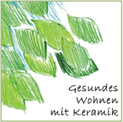 A drawing of green leaves and the words gesundes wohnen mit keramik